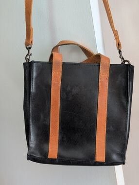 Able Black Crossbody Tote with Tan Straps